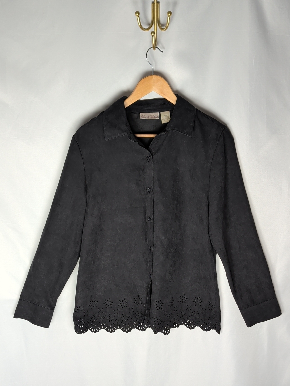 Vintage Carroll Reed Black Faux Suede Button Down Shirt Eyelet Laser Cut Hem M